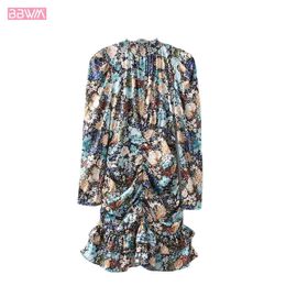 Retro impresión de moda con cuello alto manga larga mujer vestido chic mujeres con pliegues volantes Vestidos de cintura Vestidos Vestidos Mujer 210507