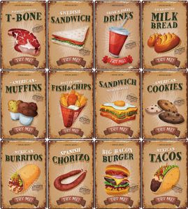 Retro fast food metaal schilderen koekjes vis chips kebab café tin bord klassieke ijzeren foto muurdecoratie voor coffeeshop 20x30cm woo