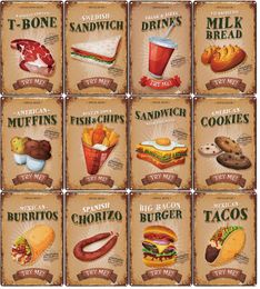 Retro fast food metaal schilderplaten koekjes vis chips kebab café bord klassieke kunst foto muur decoratieplaat voor coffeeshop keuken 30x20cm w03