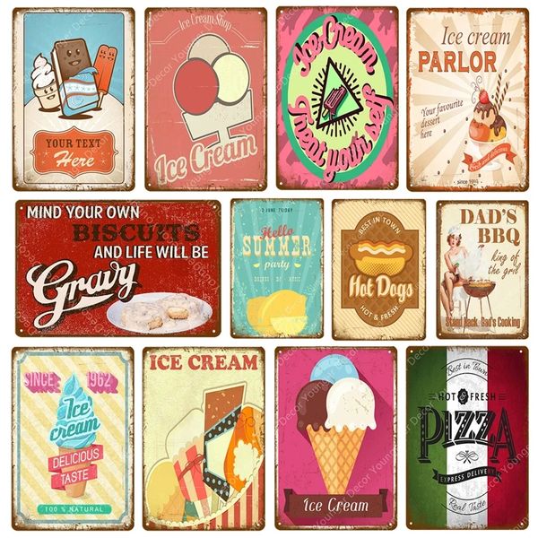 Pintura retro de arte de comida fina Hot Dogs Pizza Helado Pastel BBQ Comida Cartel de chapa Bar Café Hogar Cocina Decoración de pared Placa de metal vintage Pintura Arte Póster Tamaño 30X20CM w02