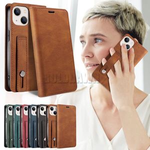 Étuis de téléphone en cuir PU rétro avec porte-cartes et bracelet portefeuille pour iPhone 14 Plus 11 12 13 Mini Pro Max Samsung S22 S21 Ultra A73 A53 A33 5G Étui de luxe