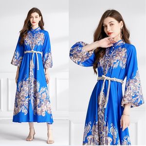 Rétro Floral Bleu Party Maxi Robe Femme Designer Robe À Manches Longues Col Montant Taille Haute Vacances Robes Ajustées 2023 Printemps Automne Élégant À Lacets Robes De Piste