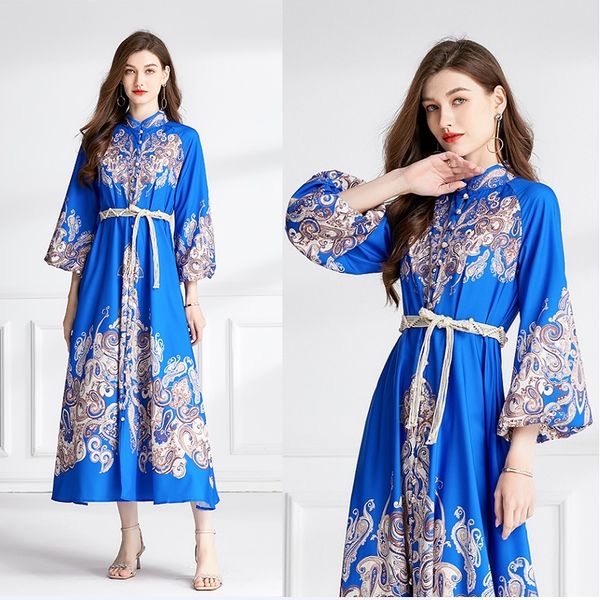 Retro floral azul fiesta maxi vestido mujer diseñador bata manga larga cuello alto cintura alta vacaciones vestidos ajustados 2023 primavera otoño elegante encaje hasta vestidos de pasarela