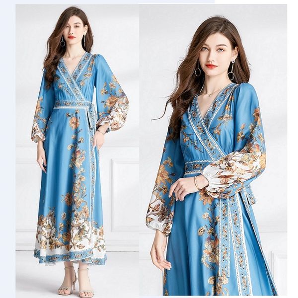 Rétro Floral Bleu Party Wrap Robe Femmes Designer Lanterne Manches Col En V Slim Côté À Lacets Arc Coupe Élégante Vacances Maxi Robe 2023 Printemps Automne Mode Piste Robes