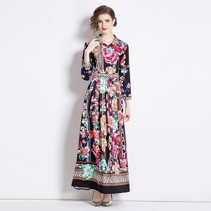 Retro Bloemen Maxi 2024S Jurk Nieuwe Vrouw Ontwerper Klassieke Revers Formele Knopen Shirt Jurken 2023 Herfst Winter Vakantie Lange mouwen Print Slank Ruches es