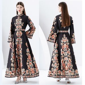 Retro floral fiesta negro mujer maxi vestido bata manga acampanada cuello alto delgado cintura alta elegante vacaciones boho vestidos 2023 primavera otoño elegante pasarela vestidos de diseñador