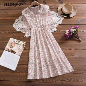 Retro Floral Gedrukt Elegante Jurken Dames Lente Vrouwelijke Lange Mouw Peter Pan Collar Kant Chiffon Midi Jurk A-lijn Vestidos 210520