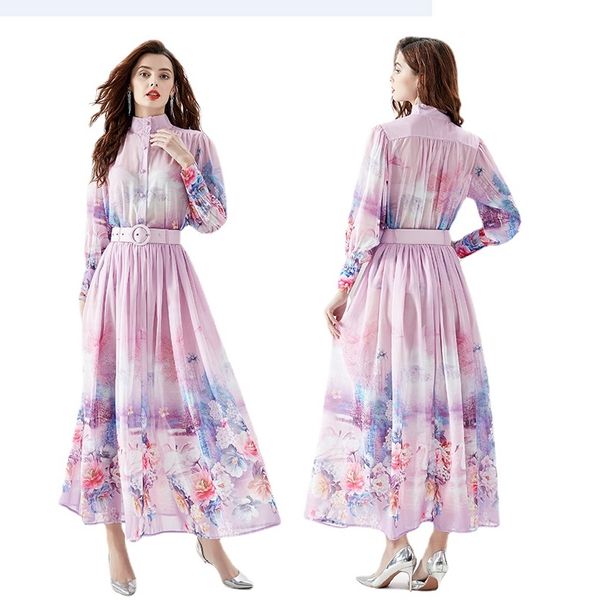 Rétro Floral Vacances En Mousseline De Soie Boho Maxi Robe 2023 Femme Piste Designer Manches Longues Printemps Automne Col Montant Slim Violet Taille Haute Fête Ruché Lâche Grandes Robes Swing