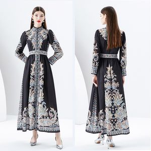 Rétro Floral Vacances Femmes Maxi Robe Designer Robe À Manches Longues Col Montant Ceinture Mince Fête Lâche Grandes Robes Swing 2023 Printemps Automne Coupe Élégante Piste Boho Robes