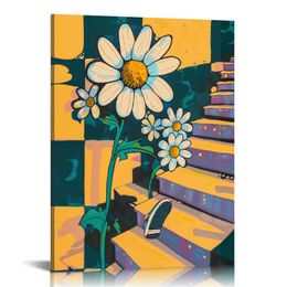 Fleur rétro et champignons imprimé, art rétro floral, floral groovy, style 70s vif audacieux, arc-en-ciel funky décor mural