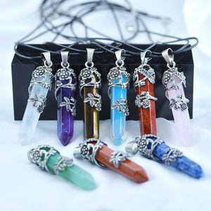 Retro Flower Natural Stone Hexagon Prism ketting Amethist Opal Quartz Bullet Crystal Healing Pendant Fashion Sieraden voor vrouwen Men Gift