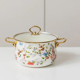 Pot à soupe à fleurs rétro en émail binaural, grande capacité, ragoût ménager avec ustensiles pour la cuisine, ustensiles de cuisine délicats, 240308