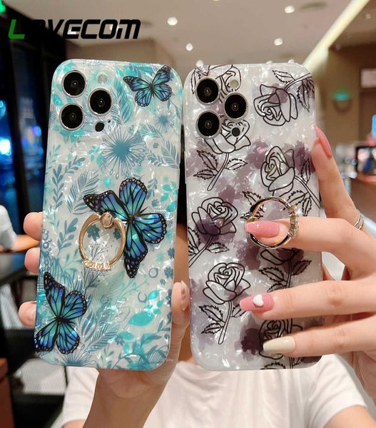 Retro Flowers Hojas Butterfly Stand anillo Hebilla Case para iPhone 13 Pro Max 12 11 Pro Max Deamy Shell Pattern Soft Cover5503985