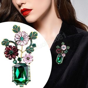 Retro Blumen Vasen Broschen Damen Klassisch Elegant Grün Glas Kristall Broschen Damen Anzug Anstecknadeln Zubehör Party Geschenke