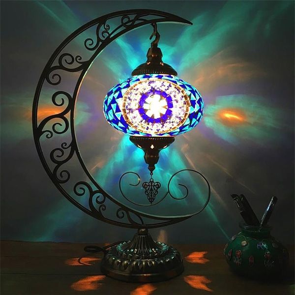 Retro Folk Style Moon Romantic Bedroom Living Room Cafe El Handmade Mosaic Glass Lamp277r