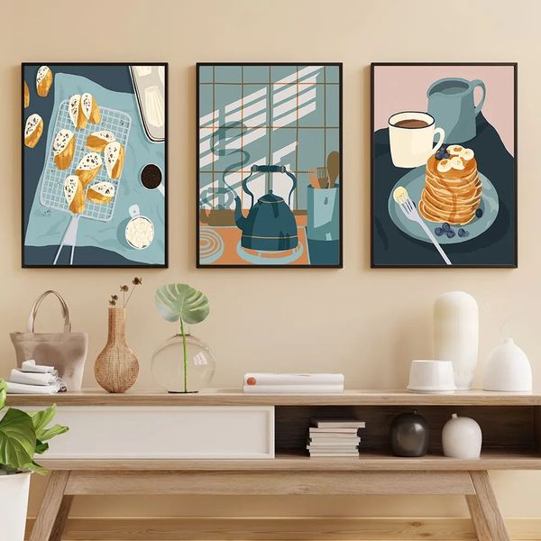 Pósteres e impresiones retro de comida, café, Moka Pot, panqueques, dulces, desayuno, pintura en lienzo, imágenes artísticas de pared, cocina, comedor, decoración del hogar, sin marco Wo6