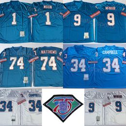 Vintage de fútbol retro 9 Steve McNair Jersey 74 Bruce Matthews 78 Cuyley Cultp 34 Earl Campbell 1 Warren Moon 75 aniversario uniforme cosido para fanáticos del deporte Hombres