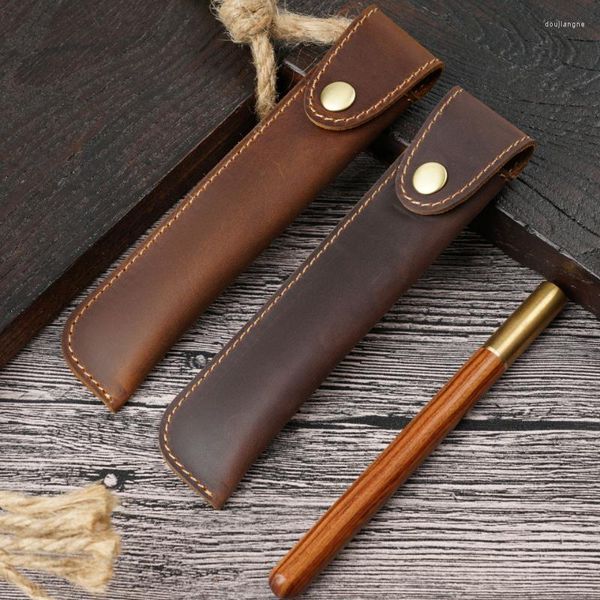 Estuche de pluma estilográfica Retro de cuero genuino hecho a mano, funda para bolso de lápices, papelería, suministros escolares protectores creativos