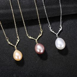 Retro zoetwater parel herten hoorn hanger ketting vrouwen mode luxe s925 zilveren ketting vrouwelijke trui ketting sexy kraag keten sieraden kerstcadeau