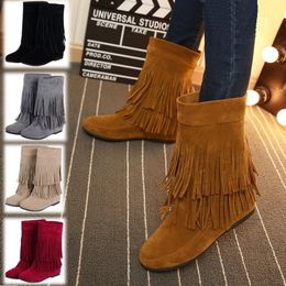 Retro Fringe Kniekousen Laarzen Vrouwen Faux Suède Kwastje Naakt Wijn Rood Roze Lange Laarzen Vrouw Herfst Winter Schoenen Big Size 35-43