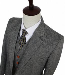 Retro herenstijl grijs klassiek tweed maatpak voor mannen op maat gemaakt wollen slim fit blazer heren 3-delig pak 52l3 #