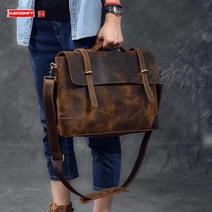 Retro Lederen Mannen Handtas Mannelijke 14 inch Laptoptas Bedrijfsaktentas Schoudertas Messenger Bags Crazy Horse 240313