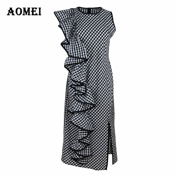 Vestido retro con abertura de guingán para mujer con volantes Ropa de trabajo de dama de oficina Túnicas a cuadros Batas Femme Classy Fitted Sundress Ropa 210416