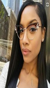 Lunettes rétro Cat Eye Clear Lens with Ringestones Crystals Half Cadre Women Fake Myopia Spectacles Optical3356093