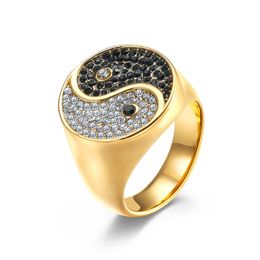 Rétro plaqué or Balance Yinyang noir blanc diamant grosse bague pour hommes en acier inoxydable doigt Taiji anneaux bijoux de mode