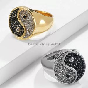 Balance rétro en or plaqué Yinyang noir blanc diamant chunky anneau pour hommes en acier inoxydable taiji anneaux de mode bijoux
