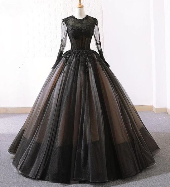 Vestido de novia negro gótico retro Corsé vintage Una línea Vestidos de novia Apliques de encaje Manga larga Longitud del piso Vestidos de novia 2022 Batas de otoño De Mariage