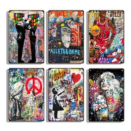 Retro graffiti decoratieve kunst schilderij plaque vintage abstracte stijl tin bord metalen pleate bord voor thuiskamer gepersonaliseerde decor esthetisch cadeauband 30x20cm w02