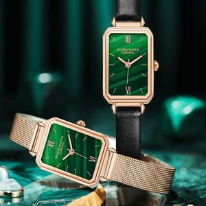 Esfera verde retro Hermoso reloj para mujer Relojes Stundents de cuarzo Cinturón de acero neto y correa de cuero genuino Diseño especial Delicate264q