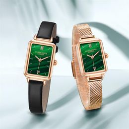 Relógio feminino com mostrador verde retrô, temperamento simples, relógios para estudantes de quartzo, cinto de aço líquido e pulseira de couro genuíno, cenário especial 345q