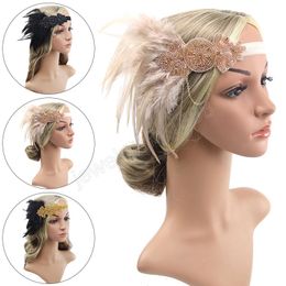 Rétro cheveux accessoires pour femmes filles bandeau strass Sequin Vintage fête casque perlé clapet cheveux plume bandeau