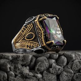 Retro handgemaakte Turkse zegelringen voor mannen oude zilveren kleur gesneden adelaar ring mystic zirkoon inleg nieuwe punk motor biker ring