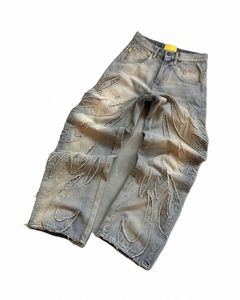 Rétro Harajuku Brodé Denim Nouvelle vente chaude Ripped Raw Edge Pantalon Baggy Y2k Jeans Hommes Femmes Hip Hop Punk Pantalons décontractés N4HC #