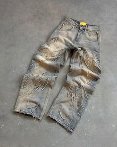 Retro Harajuku geborduurde denim Verkoop van gescheurde ruwe rand broek Baggy Y2K Jeans Men Women Hip Hop Punk Casual Pants 240429