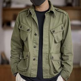 Veste rétro lourde pour hommes, manteau décontracté en coton lavé, vêtements de travail, multi-poches, solide, pardessus à la mode, automne 240305