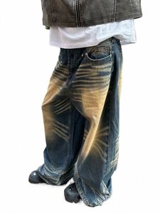 Retro High Street Grande taille Wed Jaune Distred Hommes Jeans à jambes larges American Y2K Couple Pantalon droit lâche Jeans pour hommes D8Th #