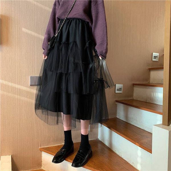 Retro Hoge Taille Party Tutu Rok Kawaii Onregelmatige Puffy Tulle Lange Zwarte Rok Koreaanse Stijl Vrouwen Midi Mesh Rok zoete Godin 210412