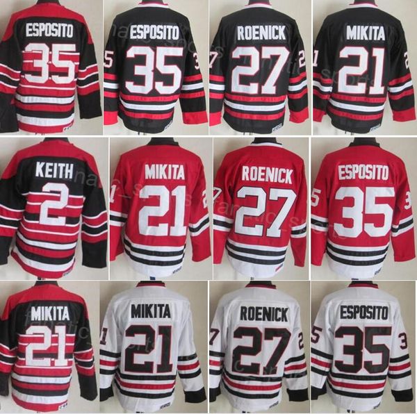 Rétro Hockey Vintage 2 Duncan Keith Jersey CCM 35 Tony Esposito 27 Jeremy Roenick 21 Stan Mikita Tout Cousu Noir Rouge Blanc Classique Retraite Hommes Pour Les Fans De Sport