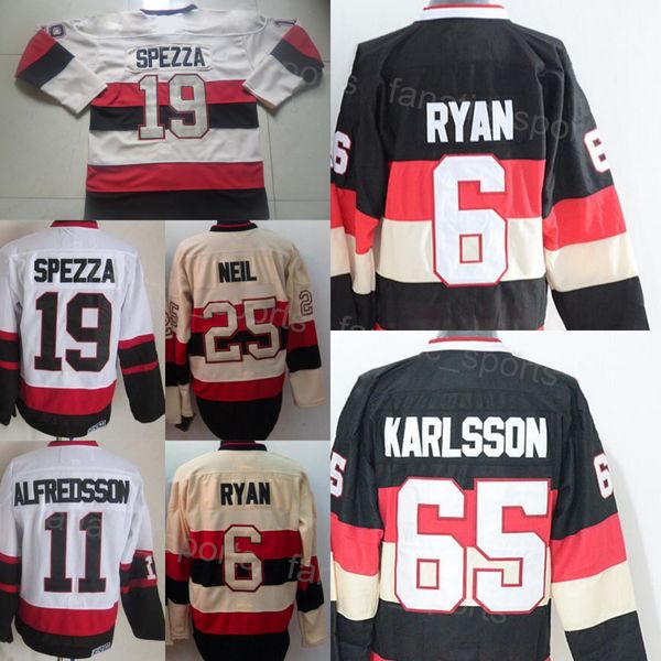 Rétro Hockey Vintage 6 Bobby Ryan Jersey CCM Classique 65 Erik Karlsson 19 Jason Spezza 25 Chris Neil 11 Daniel Alfredsson Noir Blanc Beige Cousu sur Couleur Retraite Hommes