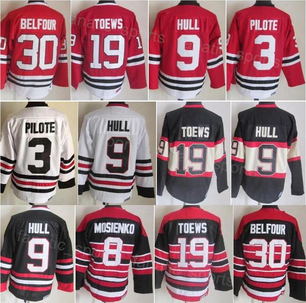 Rétro Hockey Vintage 8 Bill Mosienko Jersey CCM Classique 30 Ed Belfour 19 Jonathan Toews 3 Pierre Pilote 9 Bobby Hull Noir Rouge Blanc Retraite Hommes Respirant Cousu