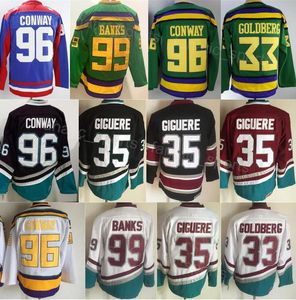 Retro Hockey Vintage 99 Adam Banks Jersey CCM Classic 35 Giguere 33 Greg Goldberg 96 Charlie Conway Retire 1993 Movie The Mighty Volledig gestikt Puur katoen Ademend