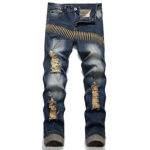 Retro-gat scheurde noodlijdende jeans voor mannen herfst recht gewassen geborduurd losse denim broek Casual stretch mid-taist broek pantalones para hombre vaqueros