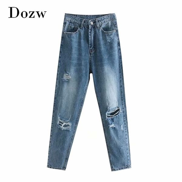 Agujeros retro Soratched Jeans Mujeres Baggy Casual Pantalones largos Moda femenina Cintura alta Pantalones azules sueltos Bottoms Vaqueros Mujer 210515