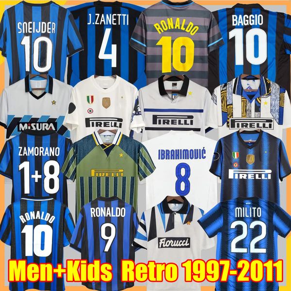 Inters Milans Retro camisetas de fútbol RONALDO CRESPO ADRIANO 97 98 99 00 03 04 07 08 09 2010 2011 Finales MILITO SNEIJDER J.ZANETTI vintage Hombres Niños camiseta de fútbol clásica