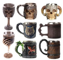 Retro Horn Skull Resin Bière à bière en acier inoxydable Skull Knight Halloween Coffee Cup Viking Thé Mug Pub Bar Decoration 3068114