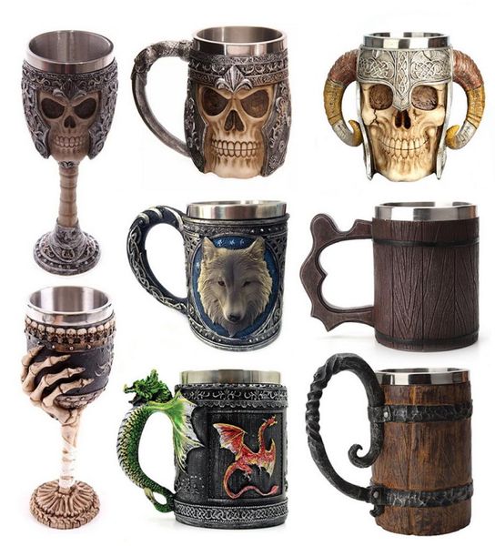 Retro Horn Skull Resin Bière à bière en acier inoxydable Skull Knight Halloween Coffee Cup Viking Thé Mug Pub Bar Decoration8213136